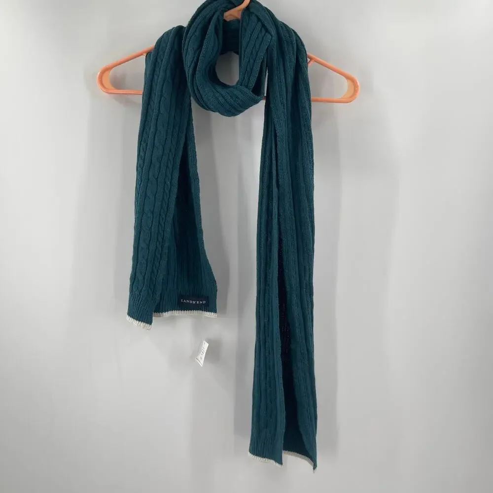 LANDS END Scarf NWT Teal NWT Wool Blend Winter Cable Knit Stripe Preppy Prep